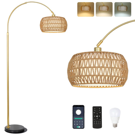 Gold Floor Lamps for Living Room, Arc Floor Lamp with Remote & Dimmable Bulb, Boho Rattan Standing lamp with 3 Color Temperatures, Height Adjustable Tall Lamp for Bedroom, Over Couch Reading Lamp eyassi