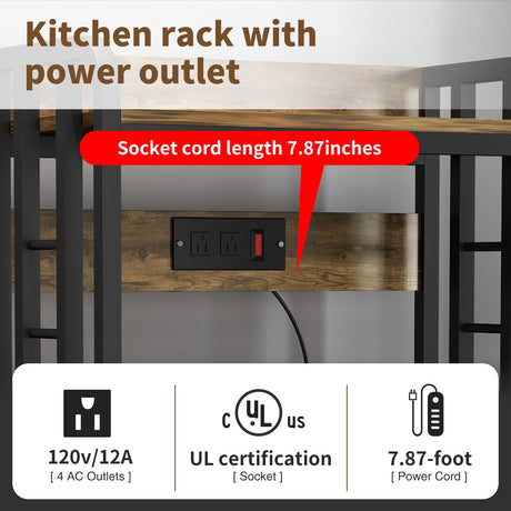 SIREDEEP Rustic Brown 4-Tier Bakers Rack with Power Outlet – Versatile Kitchen Storage and Microwave Stand SIREDEEP
