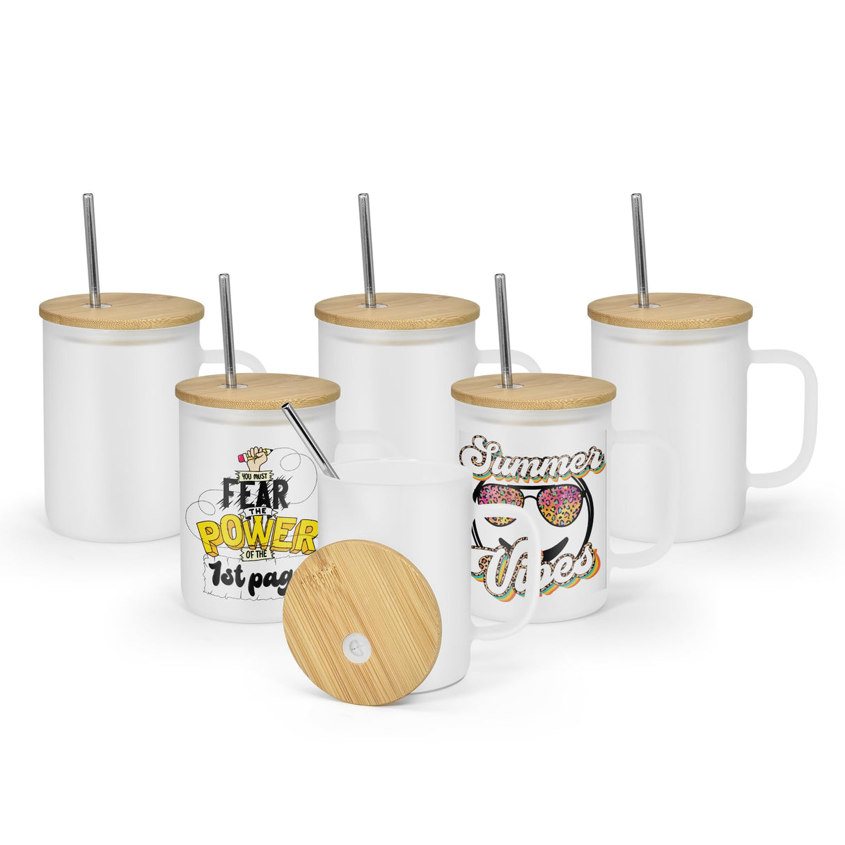 AGH 6 Pack Sublimation Glass Cups with Handles, 16oz Frosted Sublimation Blanks with Bamboo Lid and Stainless Steel Straw, Sublimation Mugs Tumbler AGH