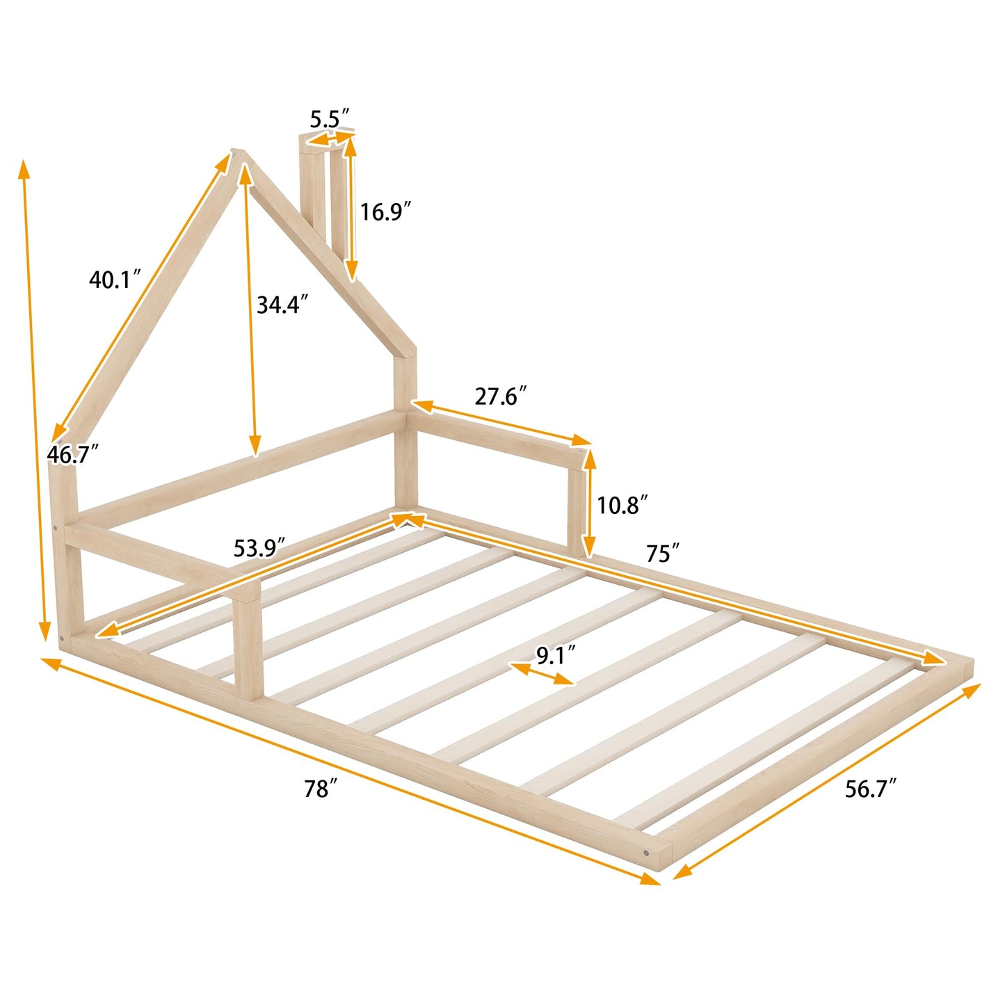 MERITLINE House-Shaped Full Size Floor Bed Frame for Kids – Stylish & Safe Wood Design - WoodArtSupply