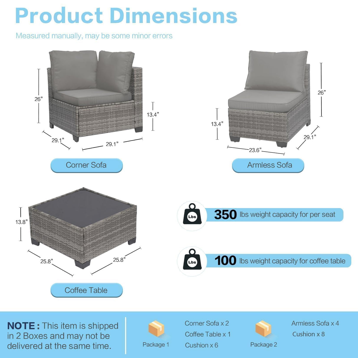 XTWEEX 7-Piece Modular Outdoor Sectional Wicker Patio Conversation Set with Glass-Top Coffee Table, All-Weather Rattan and Cushion Fabric – Gray/Gray XTWEEX