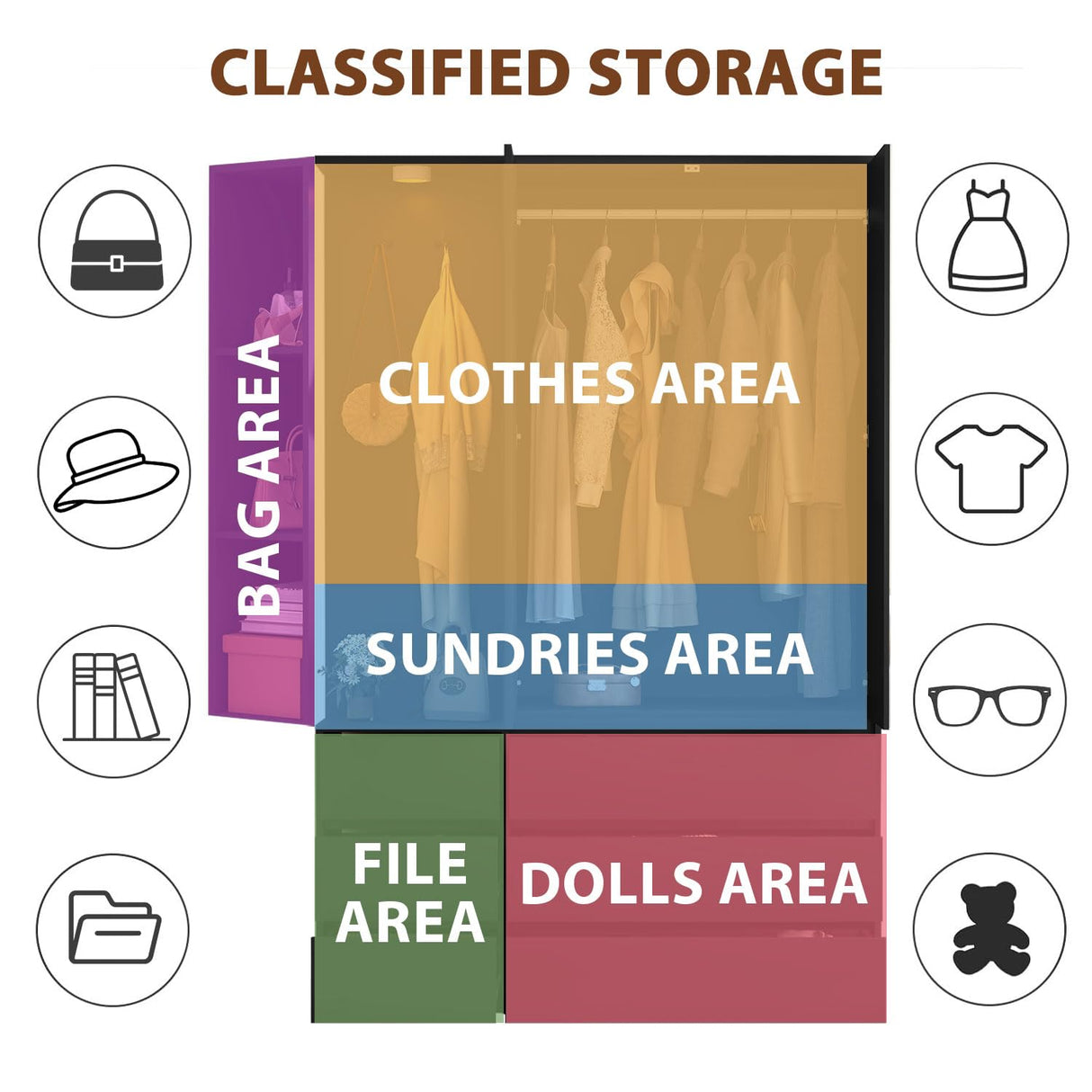 Modern Wardrobe Closet with Mirror & Integrated LED Light, 6 Drawers & Ample Hanging Storage, Multi-Functional Armoire for Bedroom-Black Rumiiro