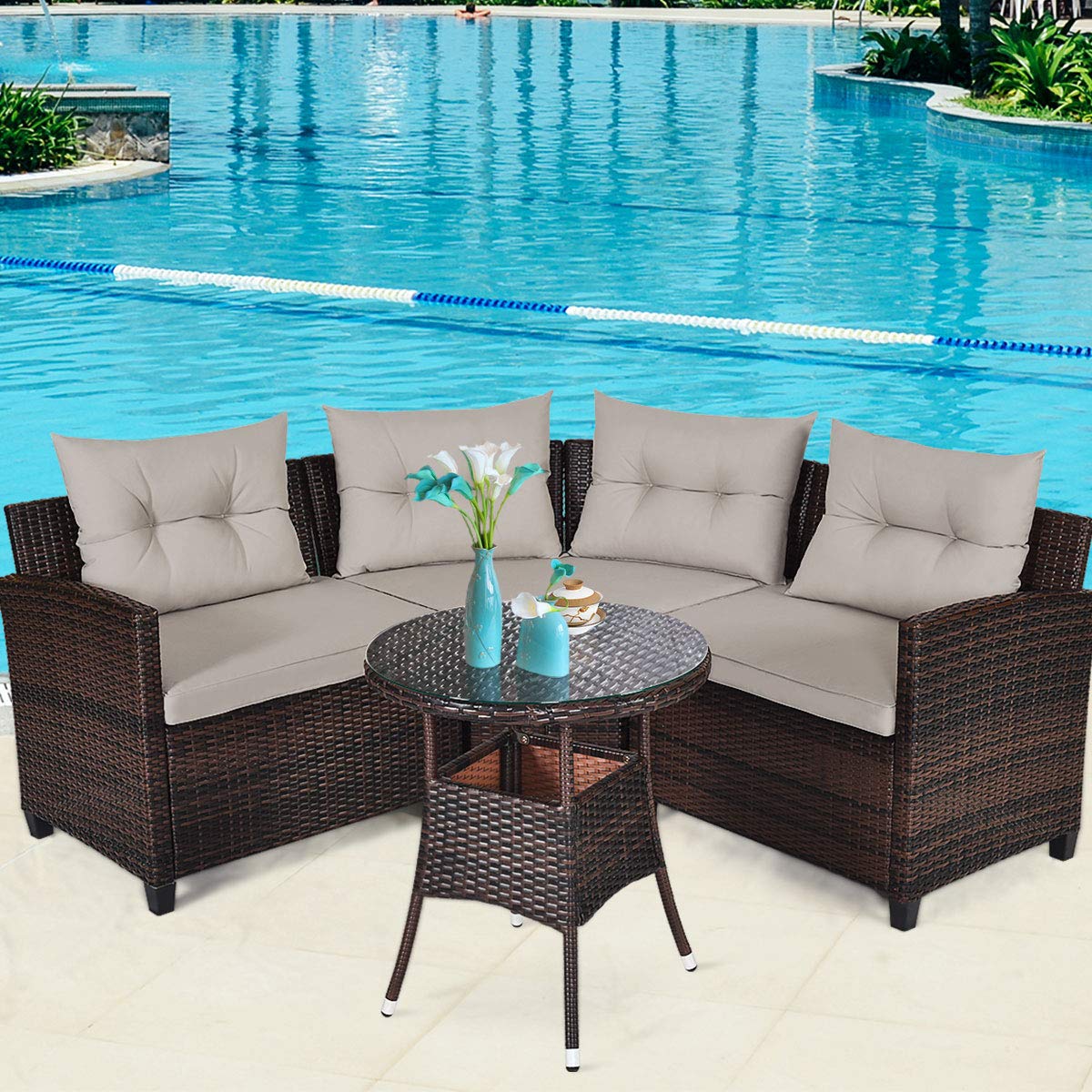 Tangkula 4-Piece Patio Furniture Set, C-Shape Outdoor Wicker Sectional Sofa Set, w/Cushions & Glass Coffee Table, Modern Deck Rattan Furniture for Garden Poolside Balcony (Beige) Tangkula