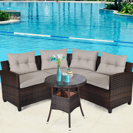 Tangkula 4-Piece Patio Furniture Set, C-Shape Outdoor Wicker Sectional Sofa Set, w/Cushions & Glass Coffee Table, Modern Deck Rattan Furniture for Garden Poolside Balcony (Beige) Tangkula