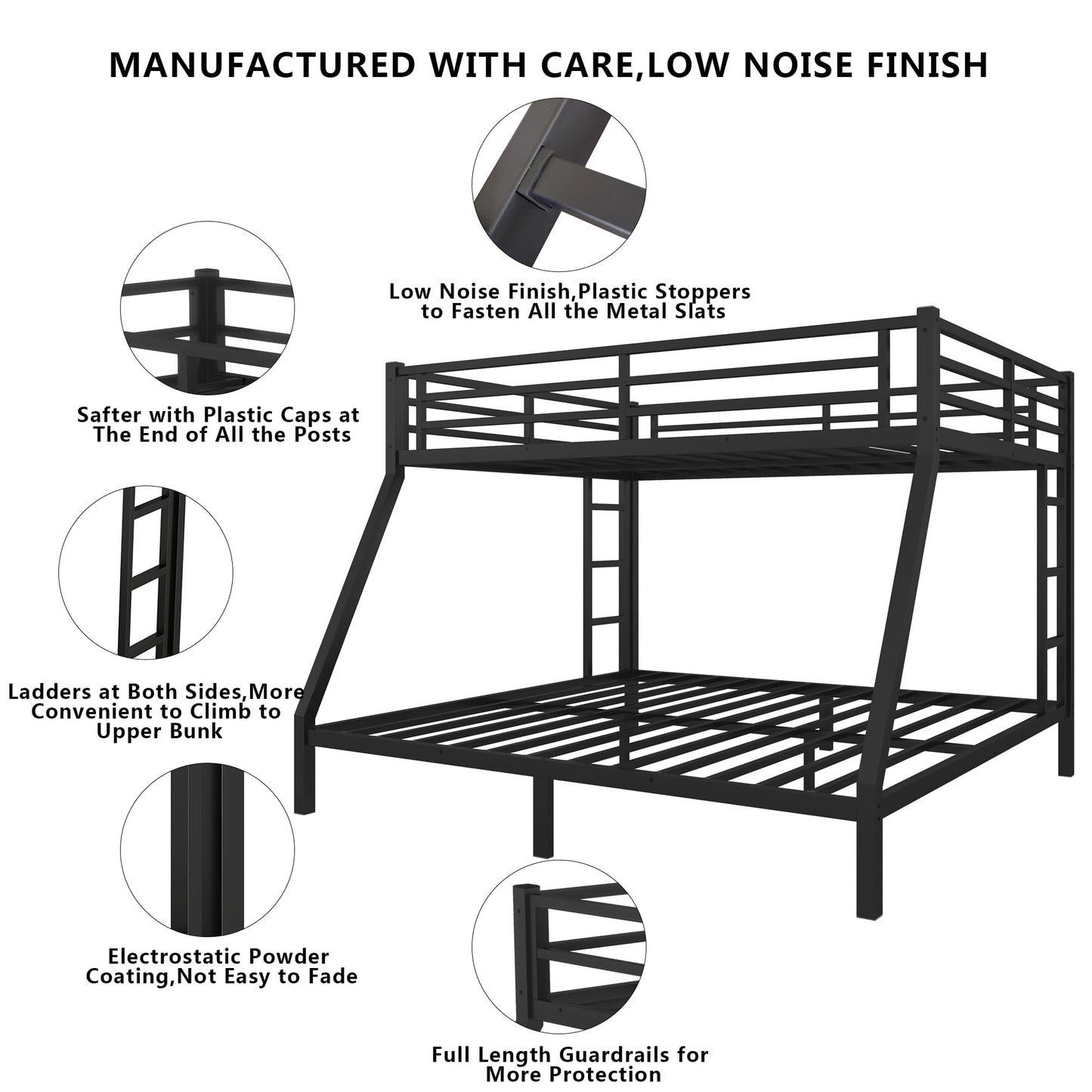 Setawix Metal Queen Over King Bunk Bed,Heavy Duty Queen and King Bunk Beds for Adults,Industrial Bunkbed with Ladders for Kids,Teens,Boys,Girls,Space Saving,Low Noice (Black, Queen Over King)