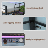 SAHISTCT Twin Size Loft Bed with Desk, LED Lights, Charging Station, Industrial Loft Bed Frame with 3 Storage Shelves and 8 Fabric Drawers, Safety Guard & Ladder,LED Metal Twin Size Bunk Bed SAHISTCT