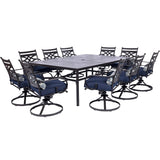 Hanover Montclair 11-Piece Patio Dining Set with 10 Swivel Rocker Chairs, Accent Lumbar Pillows and 84"x60" Steel Stamped Rectangular Table, Large Outdoor Patio Dining Set for 10, Navy Blue Hanover