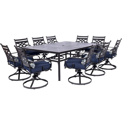 Hanover Montclair 11-Piece Patio Dining Set with 10 Swivel Rocker Chairs, Accent Lumbar Pillows and 84"x60" Steel Stamped Rectangular Table, Large Outdoor Patio Dining Set for 10, Navy Blue