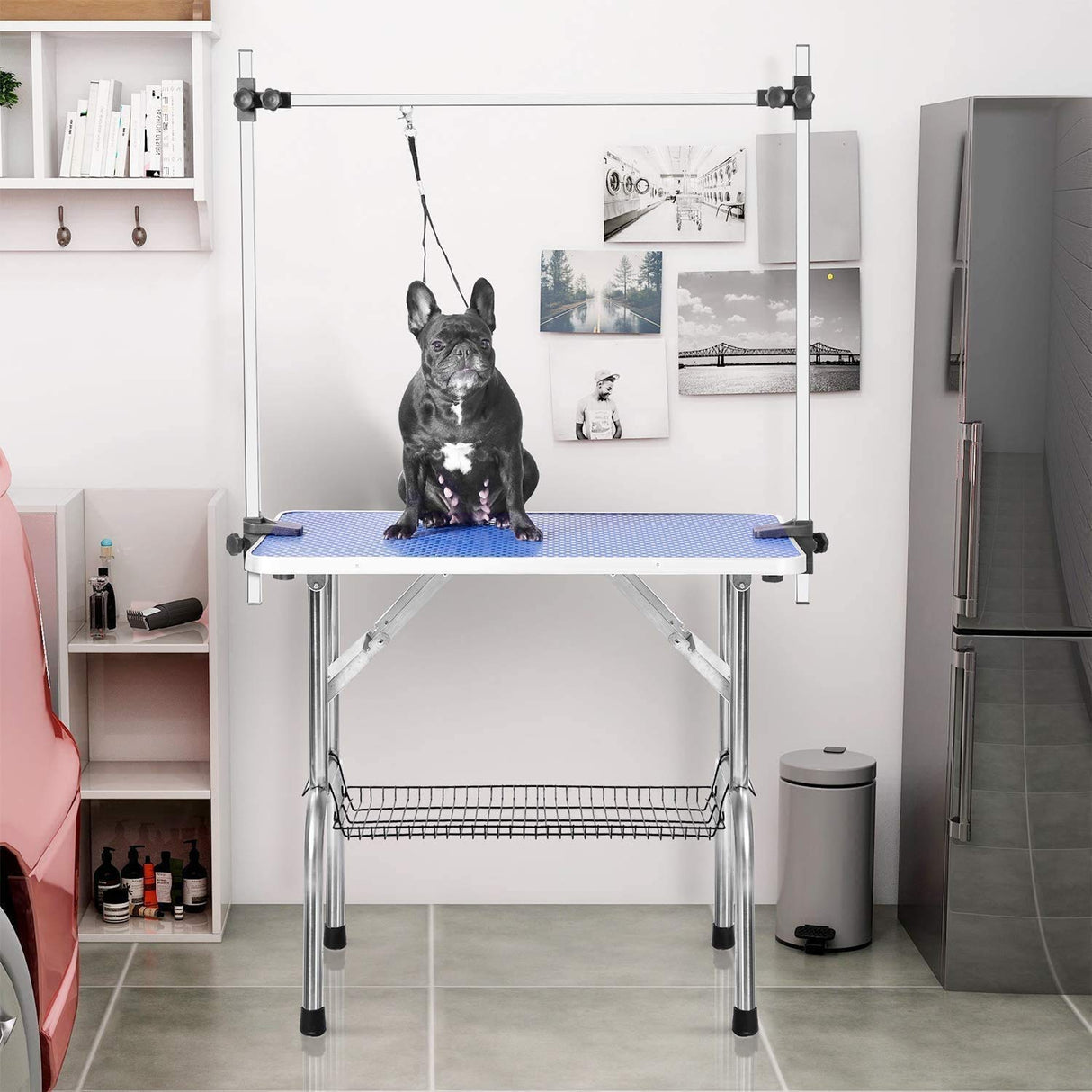 36" Dog Grooming Table Foldable Pet Grooming Tables with Adjustable Arm Noose Storage Mesh Tray Maximum Capacity Up to 330lbs Blue Hipet