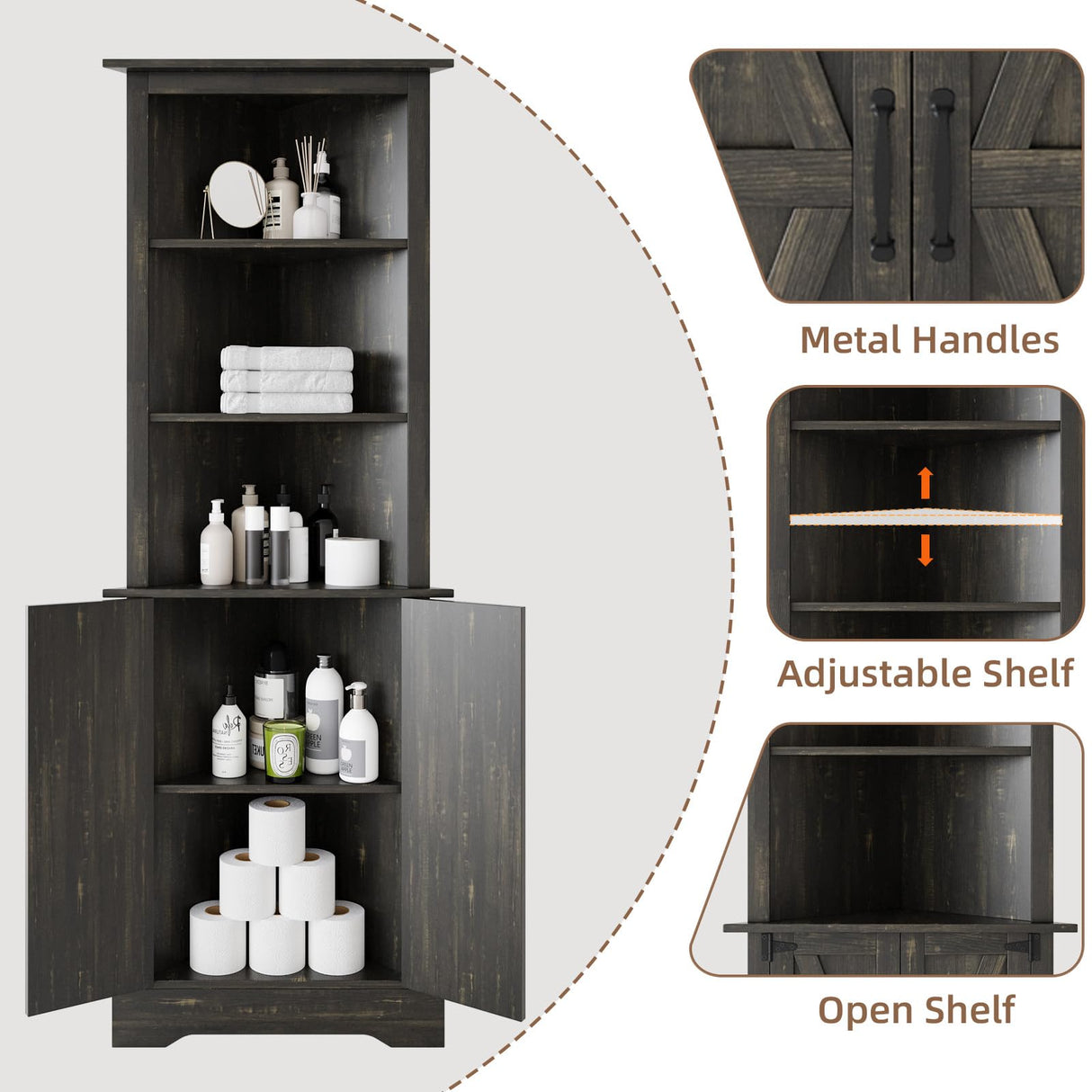 4 EVER WINNER Tall Corner Cabinet with Barn Doors, 5-Tier Farmhouse Storage Cabinet with Adjustable Shelves for Corner, Home Space Saver for Living Room, Bathroom, Hallway, Rustic Oak 4 EVER WINNER