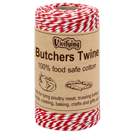 Vivifying Red and White Butchers Twine, 328 Feet 2mm Food Safe Cotton Cooking Twine, Ideal for Trussing Turkey, Roasting, Baking, Bacon, Pumpkin Bread, Festive Holiday Kitchen Use & Gift Wrapping Vivifying