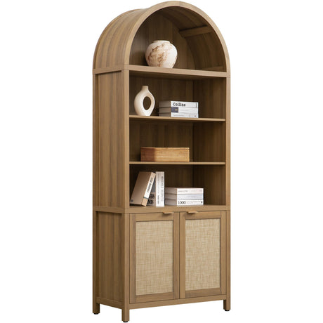 SICOTAS Book Shelf Arched Cabinet Bookshelf Arch 84.2" Tall Bookcase 5 Tier Large Bookshelves with Doors Storage Rattan Boho Wide Book Shelves Case for Living Room Kitchen Office Bedroom Library SICOTAS