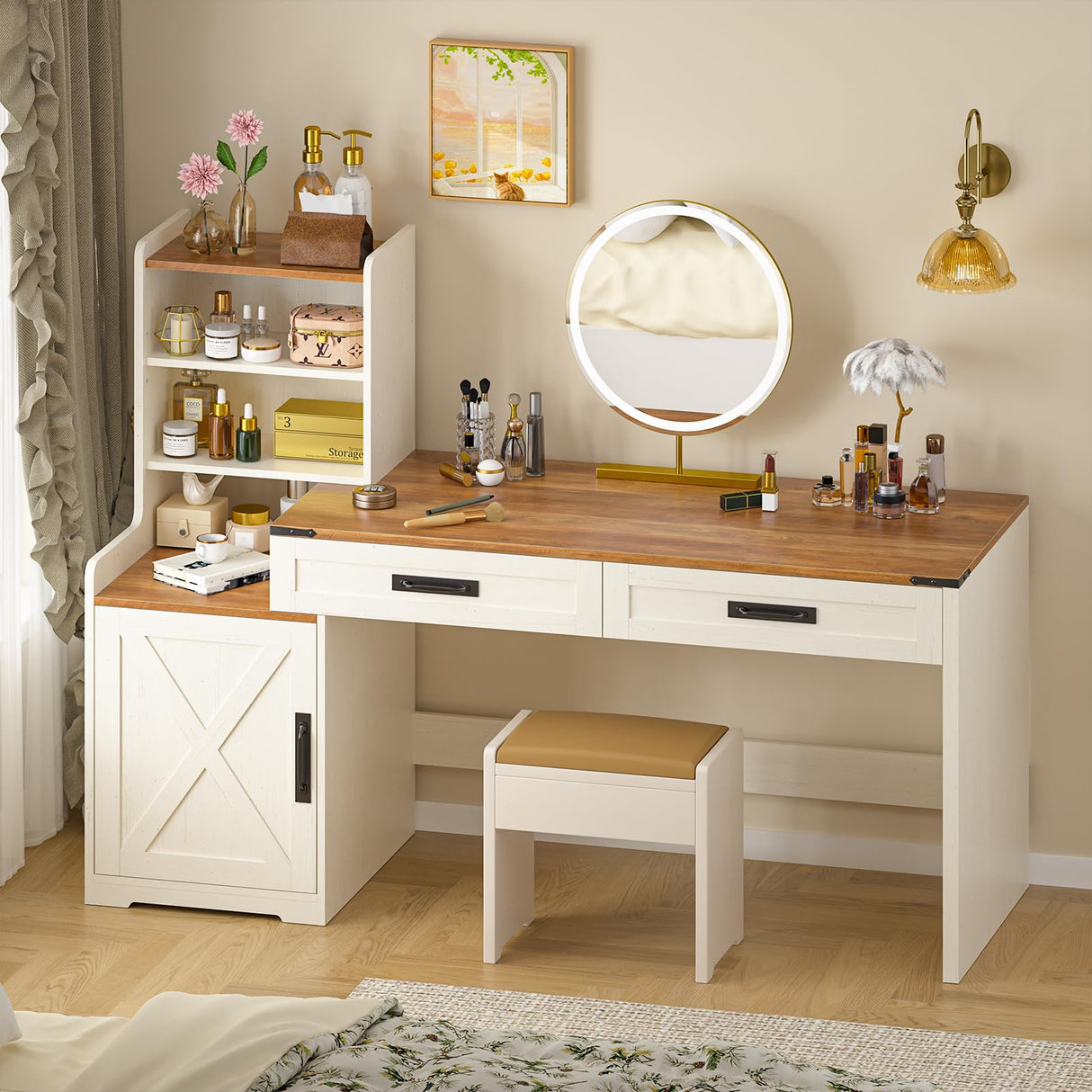 YOMILUVE 60'' Farmhouse Computer Desk with Drawers, Home Office Desk with Bookcase, Vanity Desk Writing Study Table with Storage, Antique White YOMILUVE