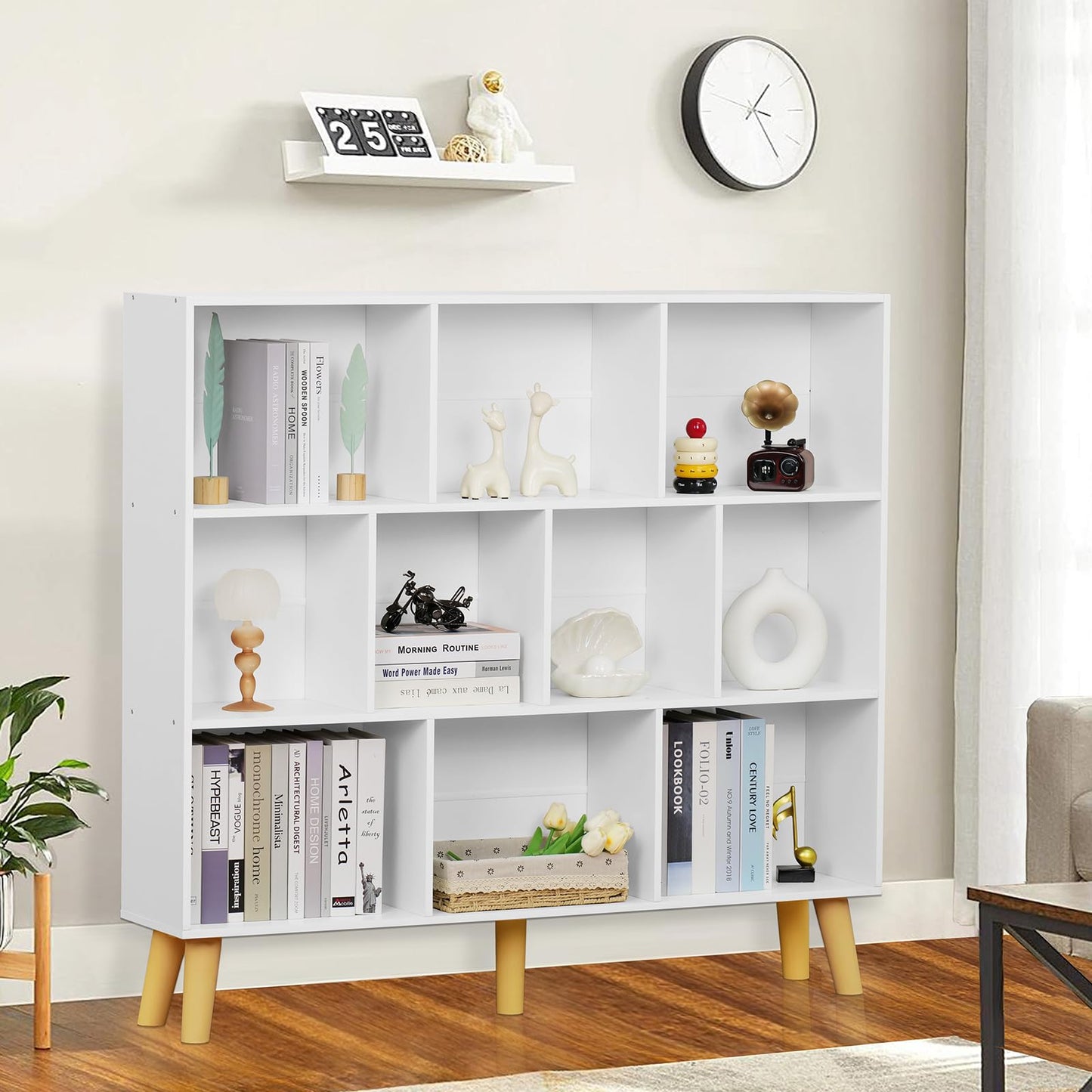 YAHARBO Modern White 10-Cube 3-Tier Bookshelf with Legs for Stylish Storage