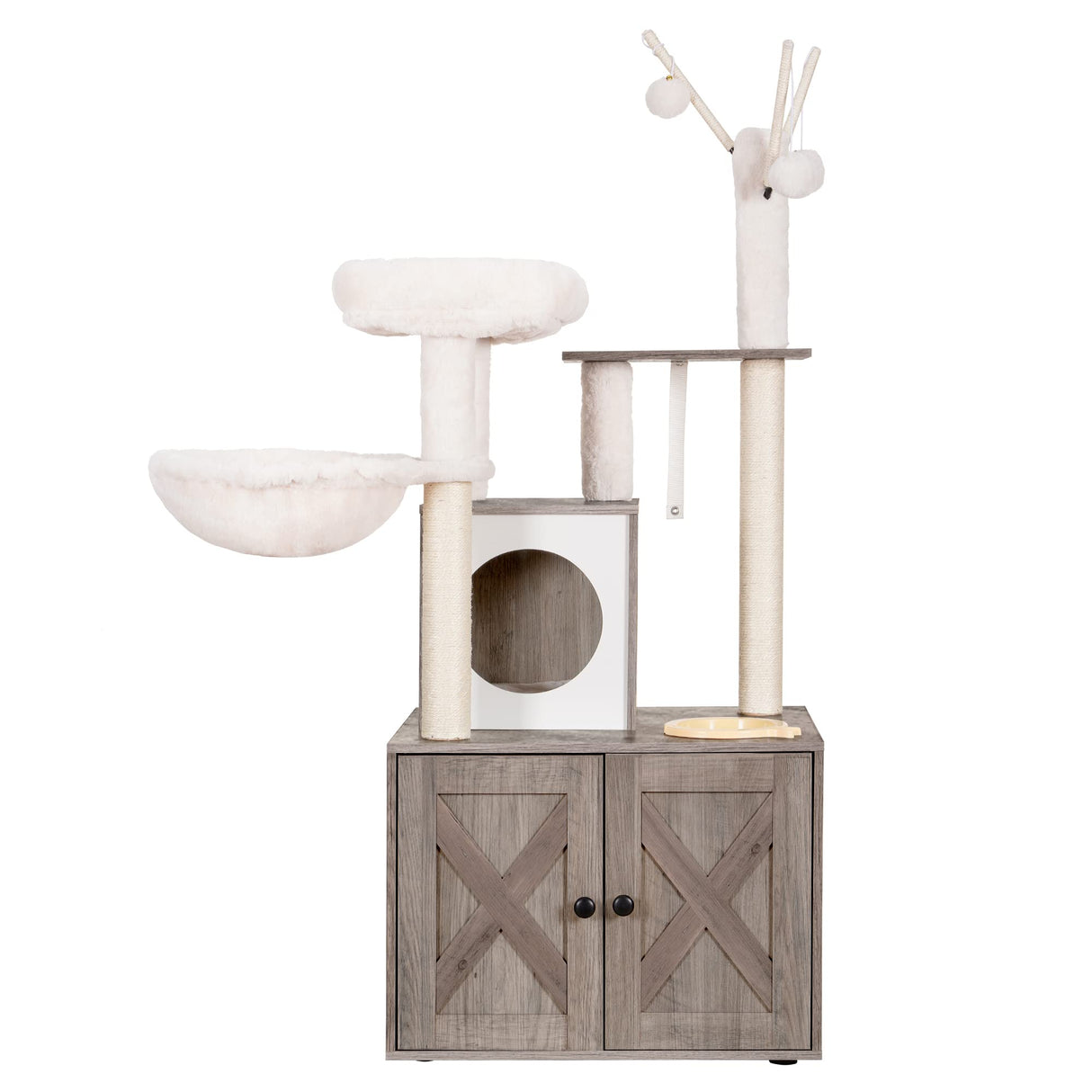 Heybly Cat Tree, Wood Litter Box Enclosure with Food Station, All-in-one Indoor Cat Furniture with Large Platform and Condo, Modern Style Cat Tower, Hammock, Rustic Brown HCT102SG Heybly