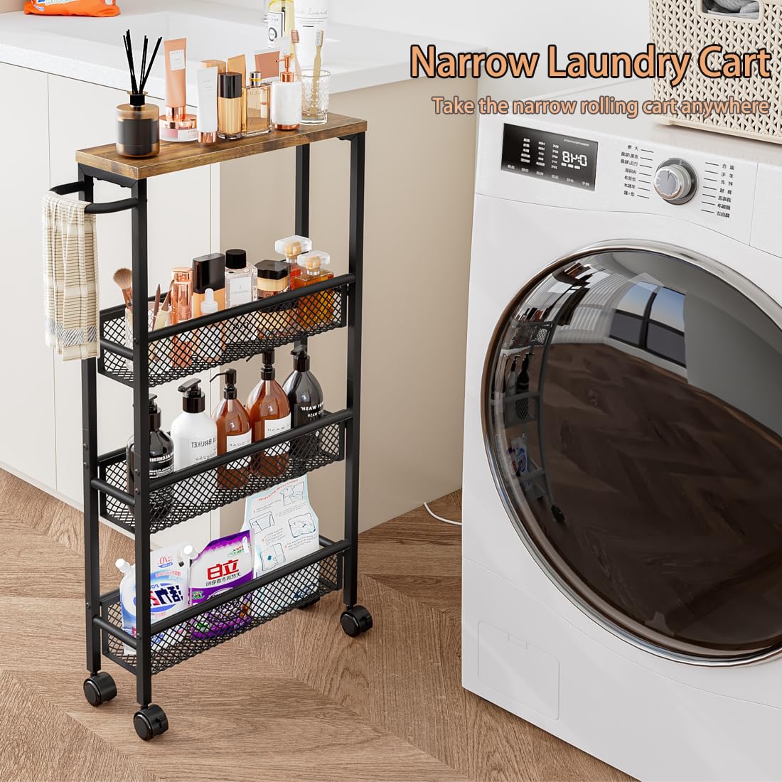 Slim Rolling Cart 4 Tier Narrow Storage Cart on Wheels with MDF Board Top and Metal Handle for Small Space Kitchen Living Room Home Office Pantry Bathroom Laundry Room(16.54×5.12×30.31 inch) AZERPIAN