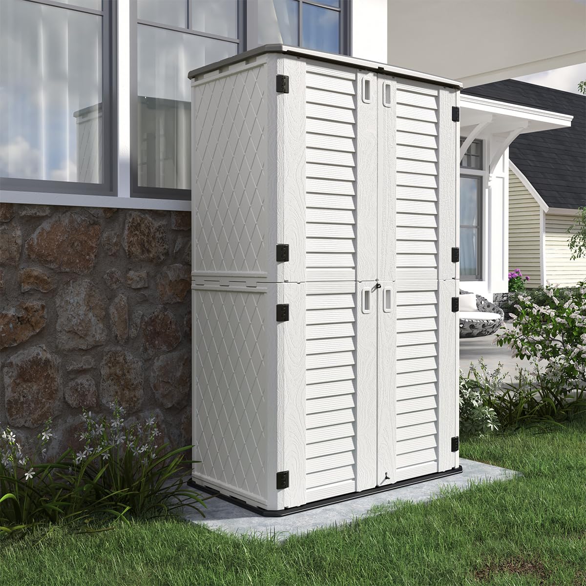 KINYING Outdoor Storage Cabinet Waterproof, Resin Vertical Outdoor Storage Shed for Patio Furniture, Garden Tools, Pool Accessories, Mower Storage (66 Cu.ft, Off White) KINYING