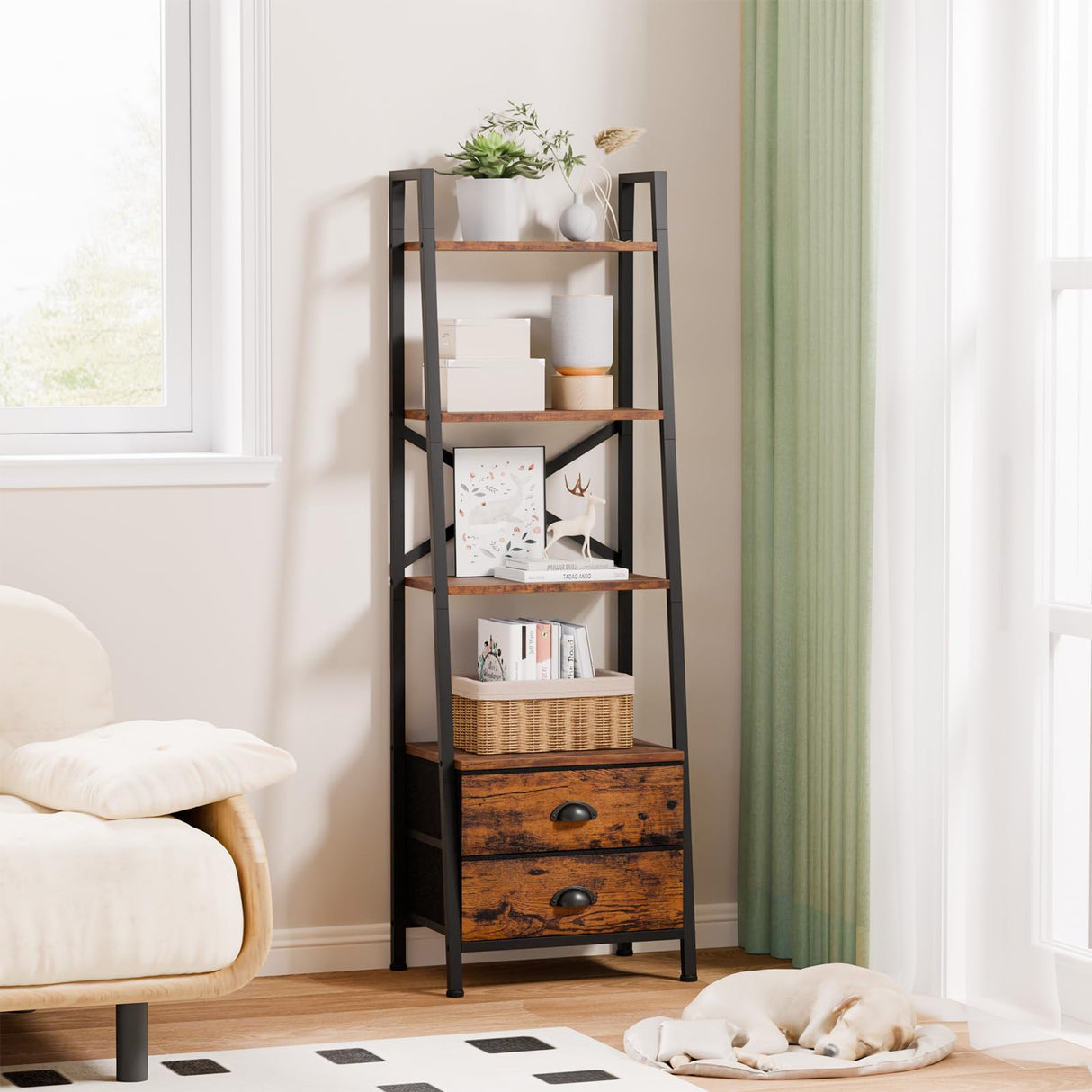 Furologee 4-Tier Ladder Shelf,Small Bookshelf with 2 Drawers,Vertical Bookcase Storage Rack Organizer,Rustic Bookshelves for Living Room,Bedroom,Bathroom,Home Office,Kitchen,Rustic Brown Furologee