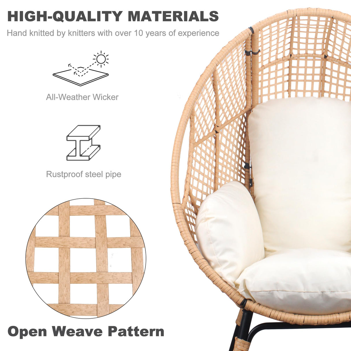 TQKVIPI Oversized Wicker Egg Chair Outdoor Indoor Rattan Patio Egg Lounge Chairs with Cushion 500lbs Capacity for Living Room, Balcony, Backyard(Beige) TQKVIPI