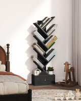 Yzosvki 9 Tier Tree Book Shelf with Drawer, Floor Standing Bookshelf Storage Organizer Bookshelves for Books/CDs, 9 Shelf Narrow Bookcase for Sturdy Room, Bedroom, Living Room, Black Yzosvki
