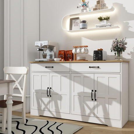 Sideboard Buffet Cabinet with Storage, 55" Large Kitchen Storage Cabinet with 2 Drawers and 4 Doors, Wood Coffee Bar Cabinet Buffet Table Console Cabinet for Kitchen Dining Room, White Locsear