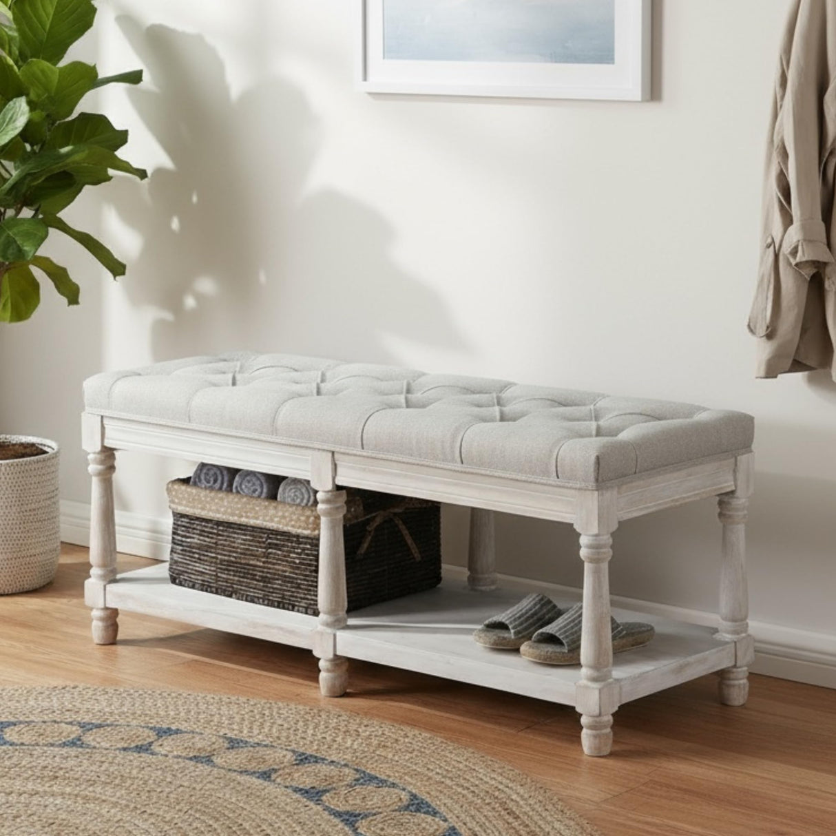 Janoray Farmhouse Storage Bench Wooden Entryway Upholstered Tufted Ottoman Bench for Bedroom End of Bed Hallway Organizer, Beige Janoray