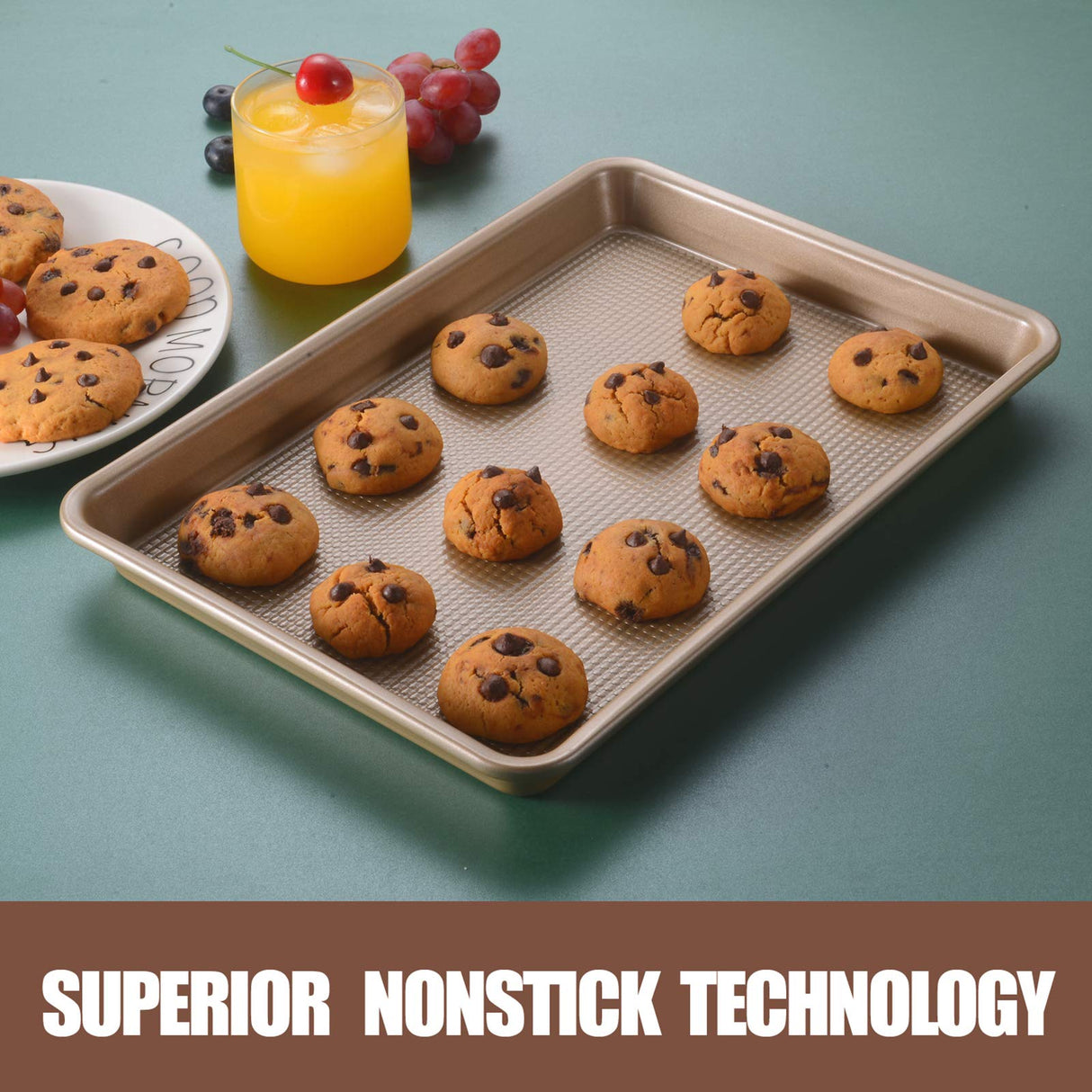 JOHO BAKING Cookie Sheet Baking Pan Set, Professional Baking Sheet for oven Nonstick, 2 Piece Bakeware Set, 9x13in,10x15in, Textured, Gold JOHO BAKING