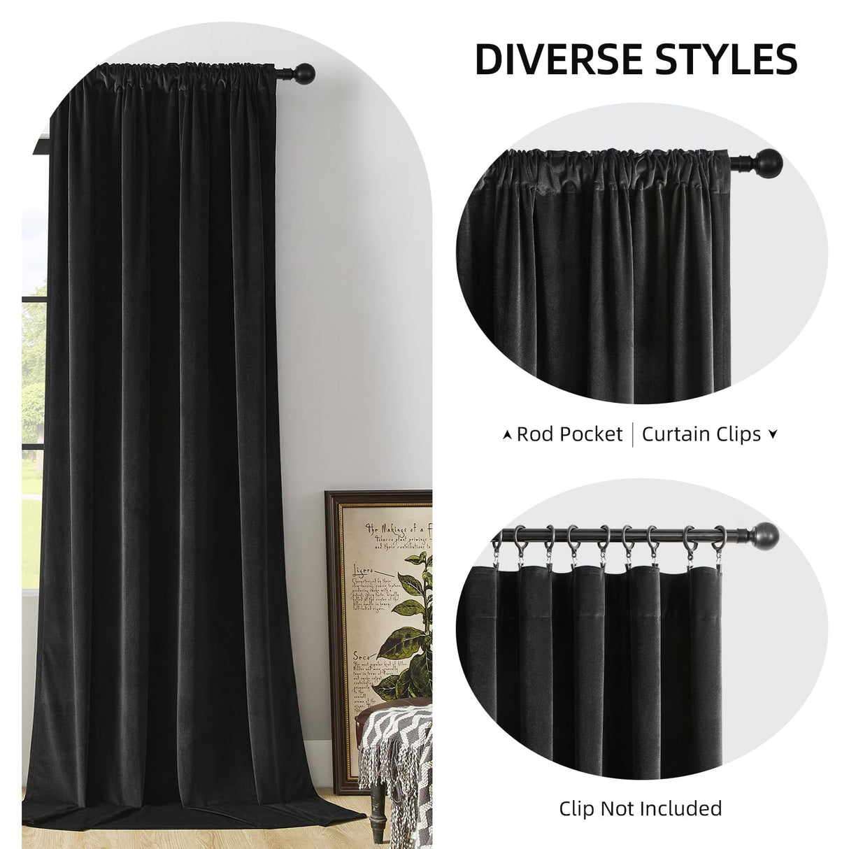 Joydeco Velvet Curtains 108 inches Long 2 Panels, Luxury Blackout Thermal Insulated Super Soft Rod Pocket Window Drapes for Bedroom Living Dining Room, Black, W52 x L108 Joydeco