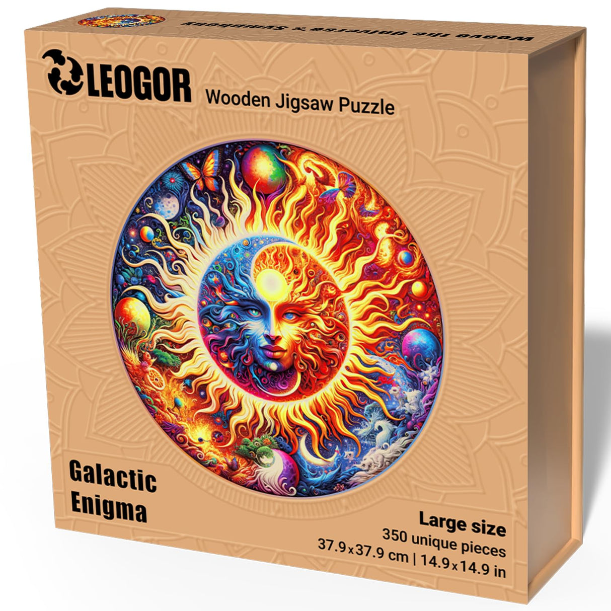 LEOGOR Mosaic Wooden Jigsaw Puzzles for Adults with Whimsical Pieces – 350 Piece Colorful Sun and Moon Puzzle with Unique Animal-Shaped Wood Pieces – Beautiful Design, Large 14.9'' x 14.9'' LEOGOR