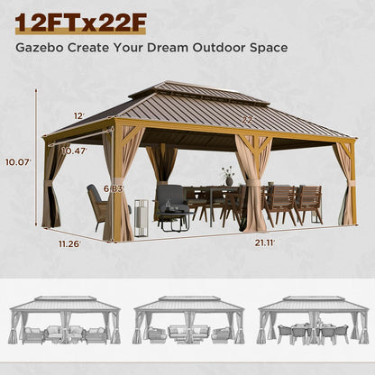 YOLENY 12' x 22' Gazebo, Hardtop Gazebo Wood-Looking Gazebo with Galvanized Steel Double Roof, Aluminum Frame, Outdoor Patio Hardtop Gazebo with Netting and Curtains for Deck, Backyard, Patio, Lawns