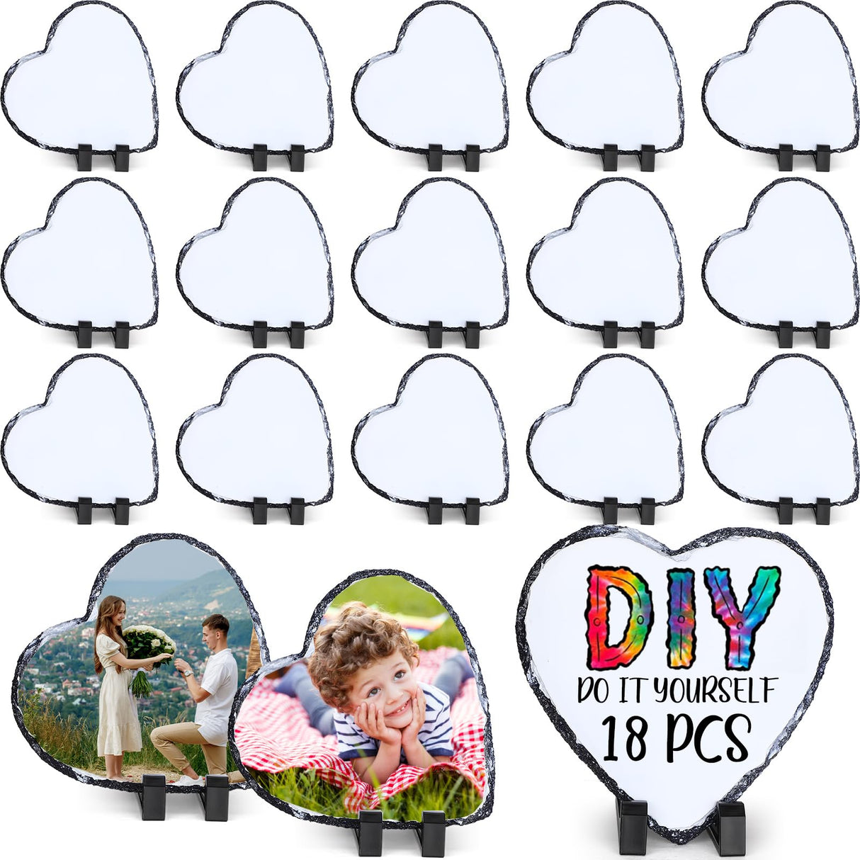 Seajan 18 Pieces Sublimation Slate Blanks Heart Shaped Stone Customized Memorial Frame with Display Stands 5.9 x 5.9 Inch Rock Sublimation Plaque Blank Personalized Picture Frame for Heat Transfer Seajan