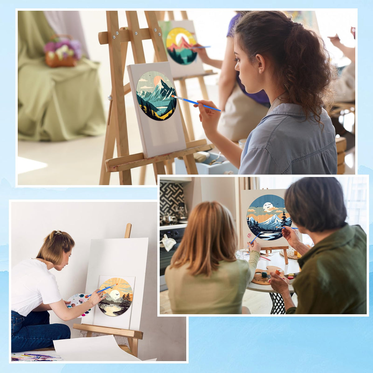 Faccito 4 Pack Wooden Landscape Paint by Numbers Kit for Adults Beginners 8 Inch Unfinished Round Wood Board Acrylic Paint Nylon Brush Hook Distant Mountains Sunset Lake DIY Crafts for Home Wall Decor Faccito