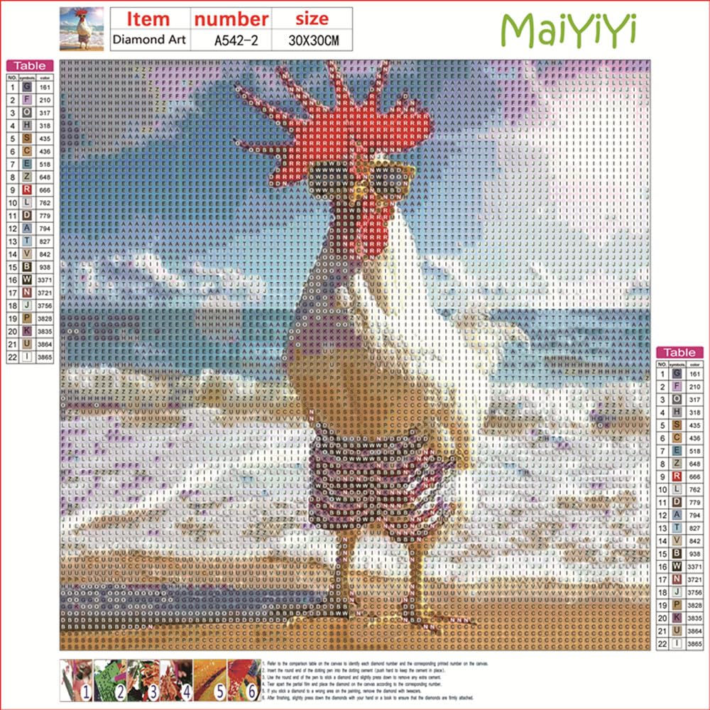 MaiYiYi Cock Diamond Painting by Numbers, 5D Full Round Drill Beach Chicken Diamond Painting Cross Stitch Kit, Funny Chicken Diamond Painting Set for Adult Beginners Wall Art Decor (30X30 CM) MaiYiYi
