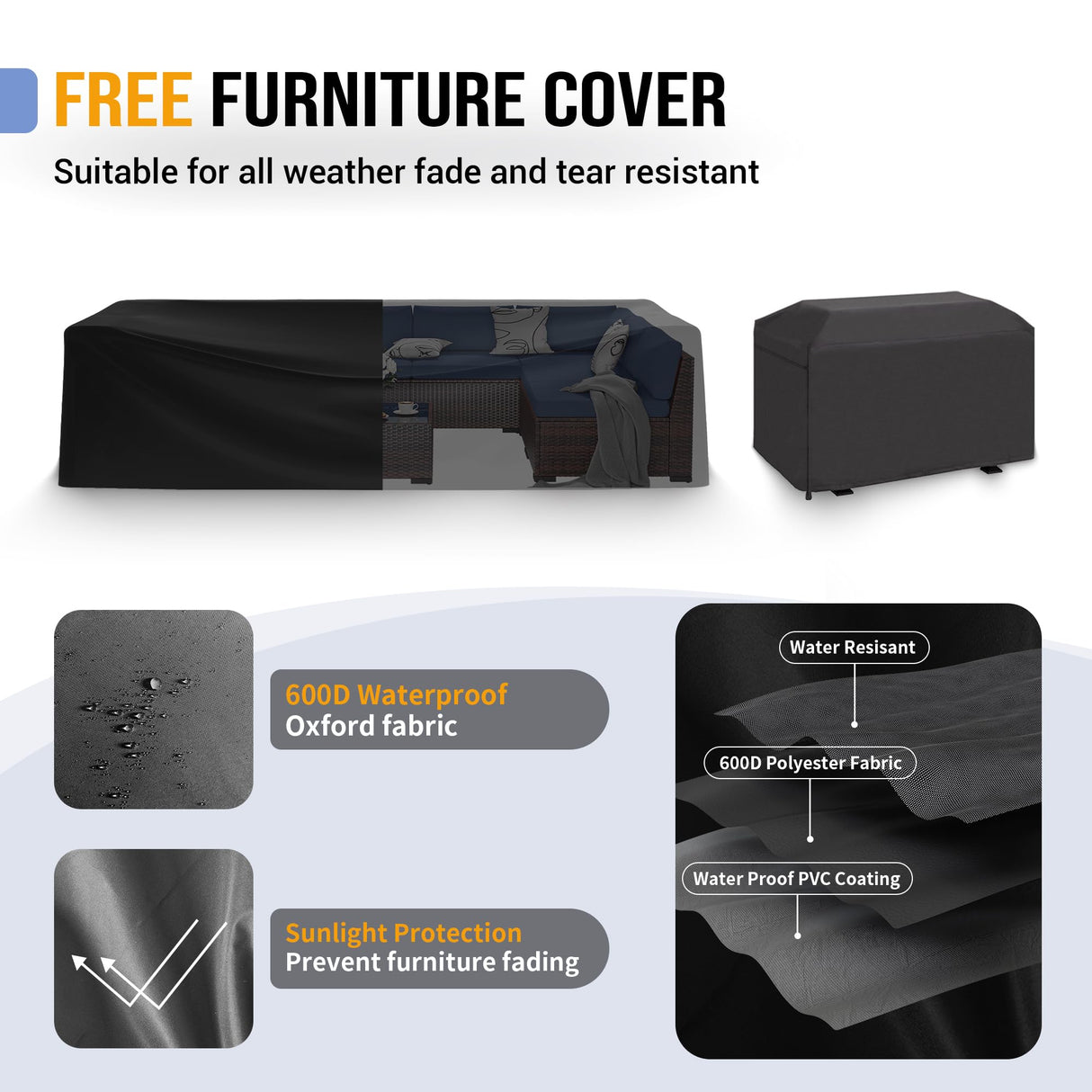 Poteban Outdoor Patio Furniture Set with 44" Fire Pit Table 8 Pieces Rattan Patio Sectional Sofa Conversation Set w/55000 BTU Propane Gas Fire Pit, Coffee Table, 2 Waterproof Covers, Orange Poteban