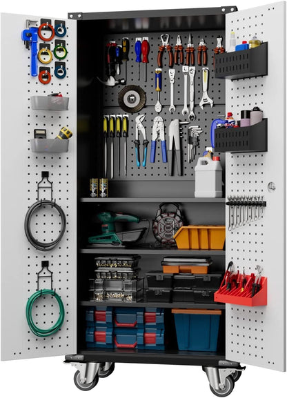 GangMei Rolling Garage Storage Cabinet with Wheels and Pegboard, Metal Storage Cabinet with Doors and Shelves, Locking Steel Cabinet for Warehouse, Home, Office (Black/Gray) - WoodArtSupply