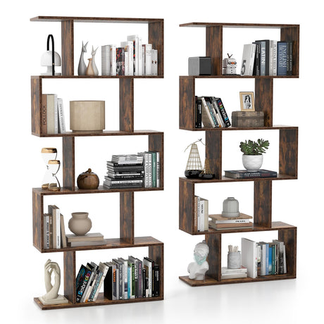 Tangkula 5-Tier S-Shaped Bookshelf - Rustic Brown Geometric Display & Room Divider Tangkula