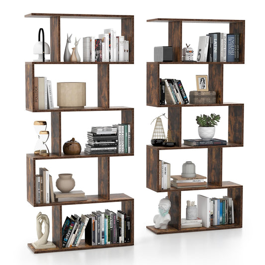 Tangkula 5-Tier S-Shaped Bookshelf - Rustic Brown Geometric Display & Room Divider - WoodArtSupply