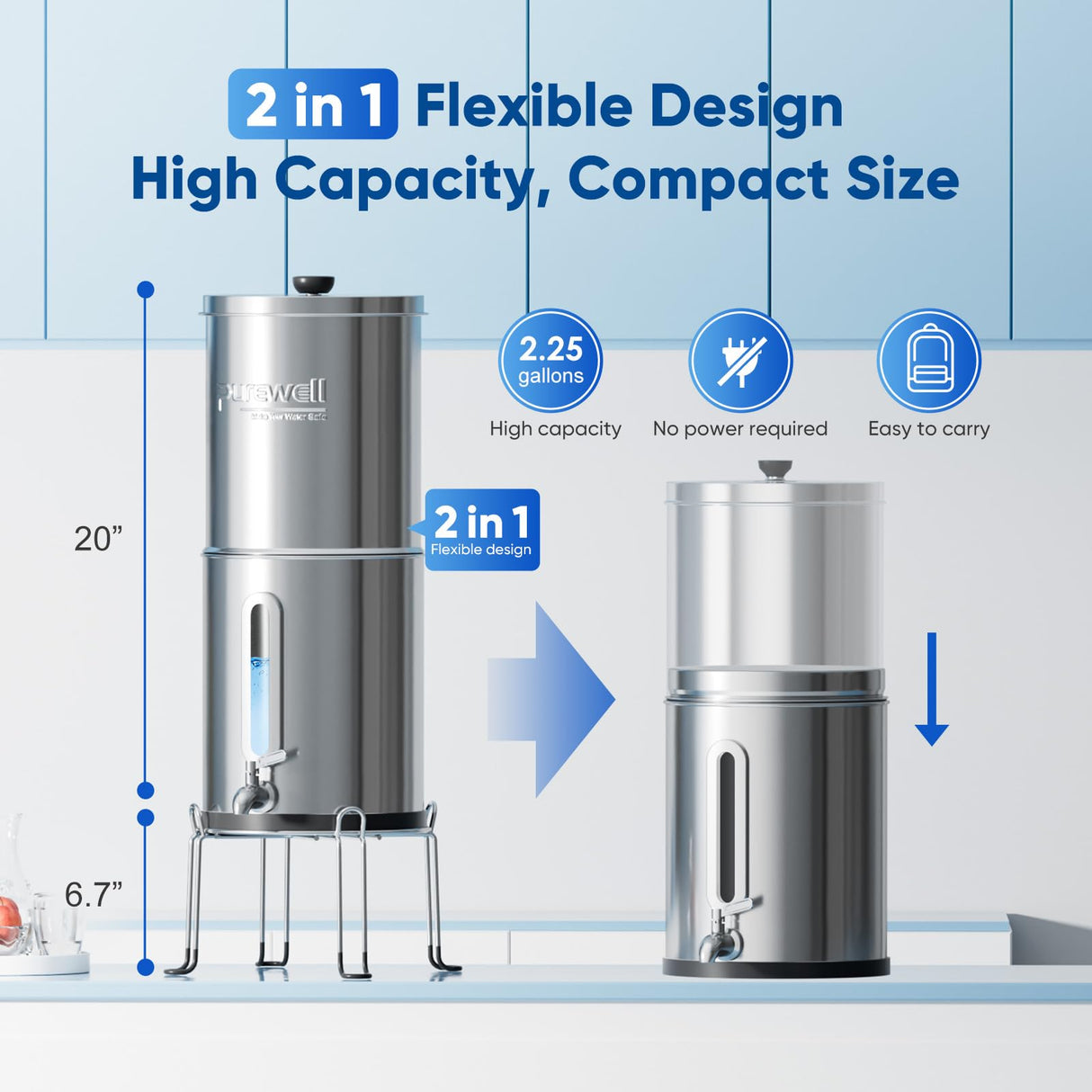 Purewell 2.25G Gravity Water Filter System with Water Level Window, 3-Stage 0.01μm Ultra-Filtration Stainless Steel Countertop System with 2 Filters and Stand, Reduce 99% Chlorine, PW-KS Purewell