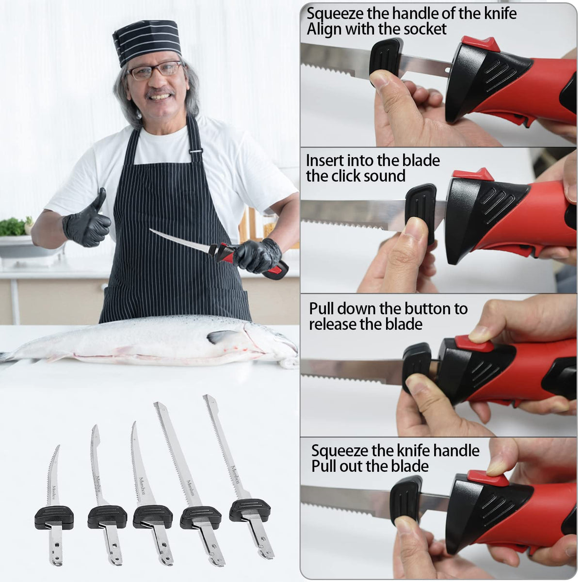 Mershca Cordless Electric Fillet Knife, with 5 Ti-Nitride S.S. Coated Non-Stick Reciprocating Blades & Cooling Hole Non-Slip Grip Handle & Practical handbag, Rechargeable Electric Knife for Fishing Mershca