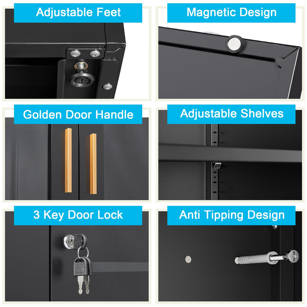 Display Cabinet with Glass Doors,Curio Cabinet with Lock,71" Metal Tall Display Case Cabinet with 4 Adjustable Shelves, Black Bookcase Locking Glass Display Cabinet for Living Room, Kitchen，Commercial SteeLoong