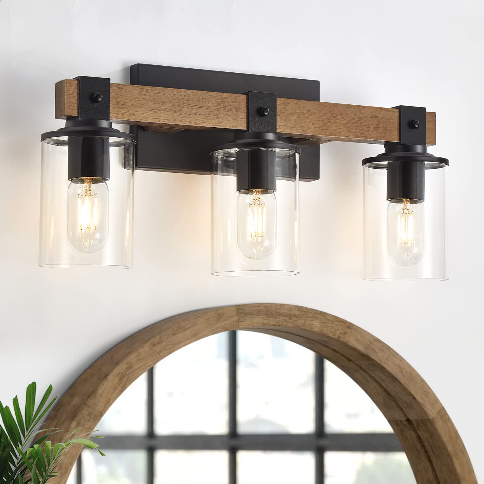 Farmhouse Bathroom Vanity Light, 3 Light Rustic Bathroom Light Fixture, Wood Bathroom Lights Over Mirror with Clear Glass Shade, Farmhouse Vanity Wall Lights for Bathroom, Living Room, Hallwa - WoodArtSupply