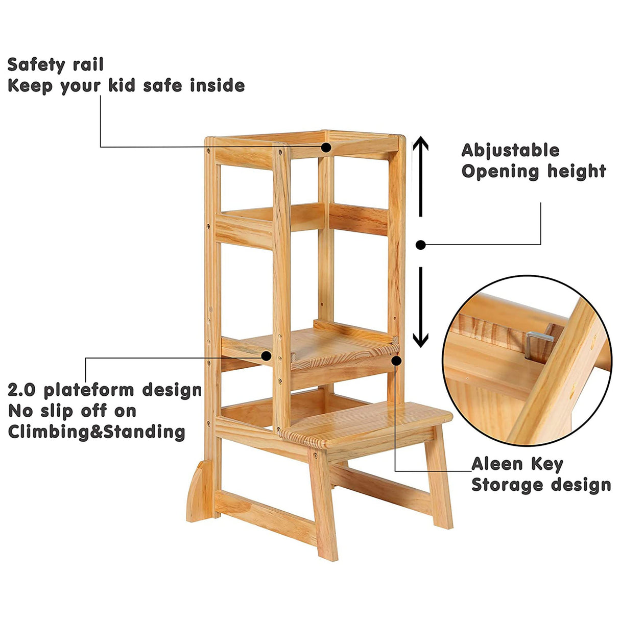 SDADI Mother's Helper Adjustable Height Step Stool Safety Counter Level Learning Toddler Tower for Kitchen and Bathroom, Natural SDADI