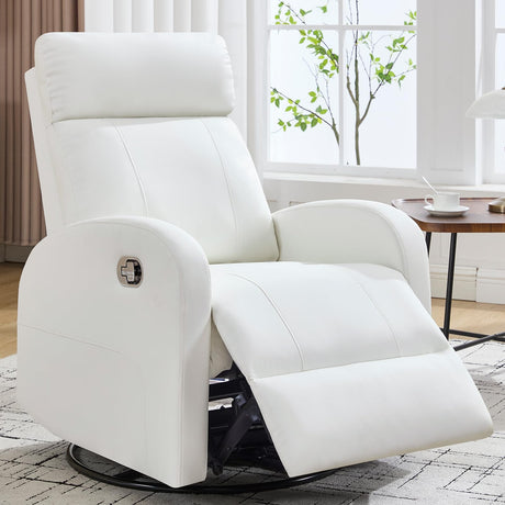 HOMYKA Swivel Rocker Recliner, Manual Glider Rocking Recliner Chair, Leather Swivel Reclining Lounge Chair Nursery Glider Recliners for Small Spaces, Living Room, White HOMYKA