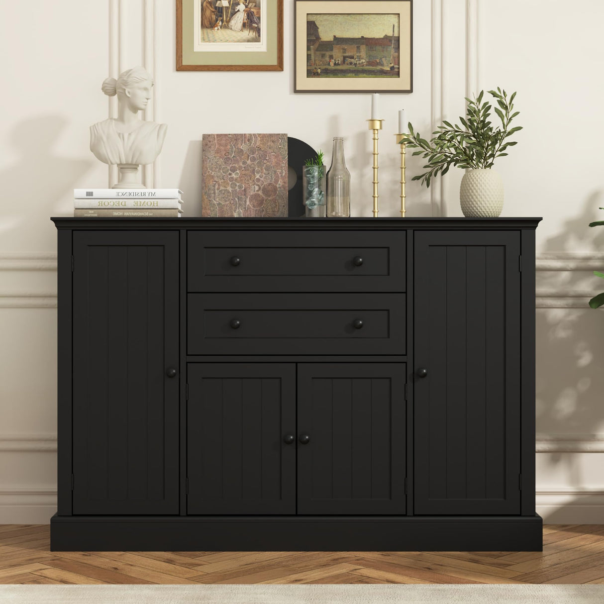 DecoFurn Farmhouse 47" Buffet Cabinet with Storage,Large Sideboard Buffet with Drawers and Adjustable Shelves, Rusitc Coffee Bar Cabinet for Kitchen, Black DecoFurn