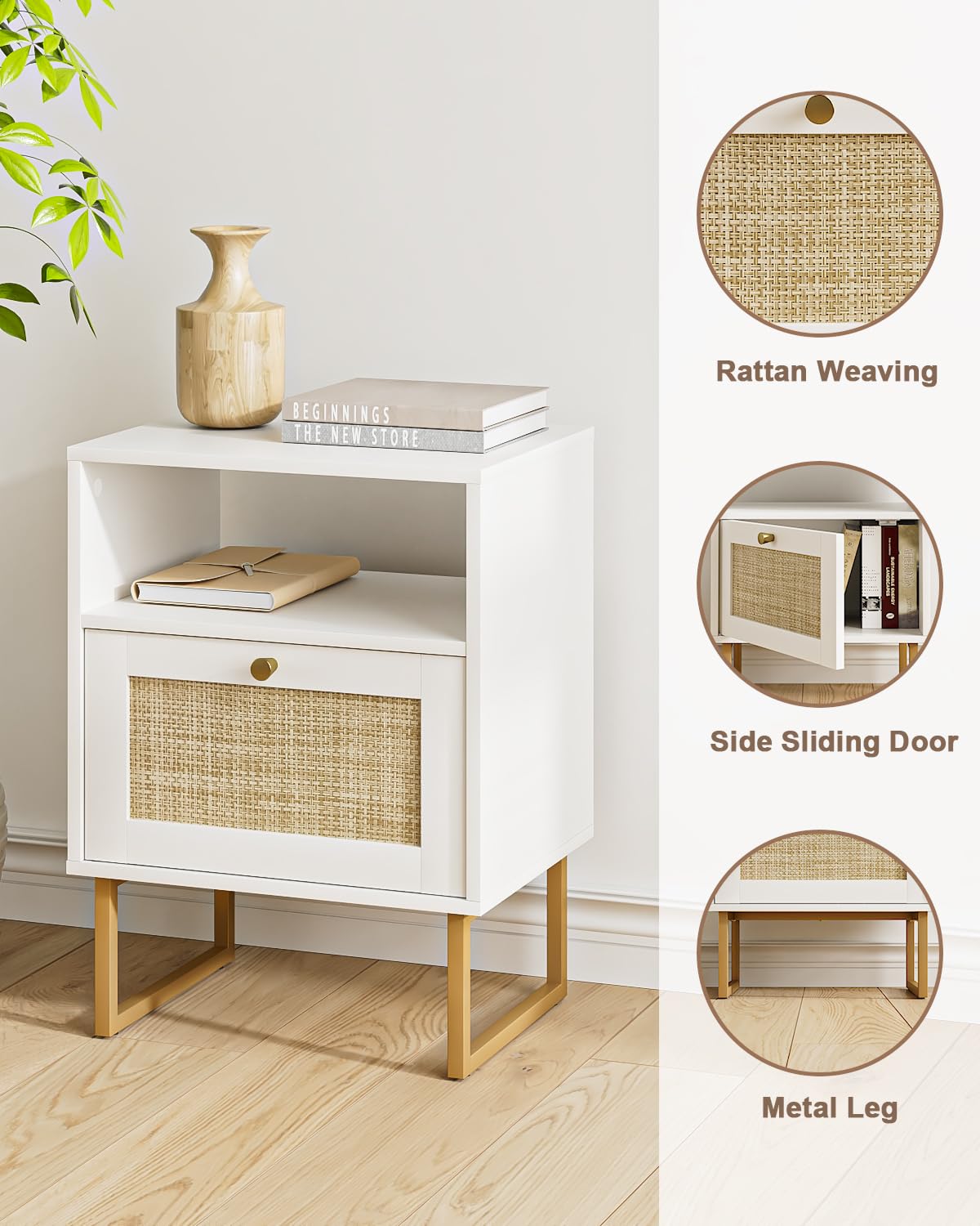 Apetaccat Rattan Nightstand, Boho Night Stand Farmhouse Wood Bedside Table with Storage and Open Shelf, End Side Accent Table for Bedroom,Living Room,White Apetaccat