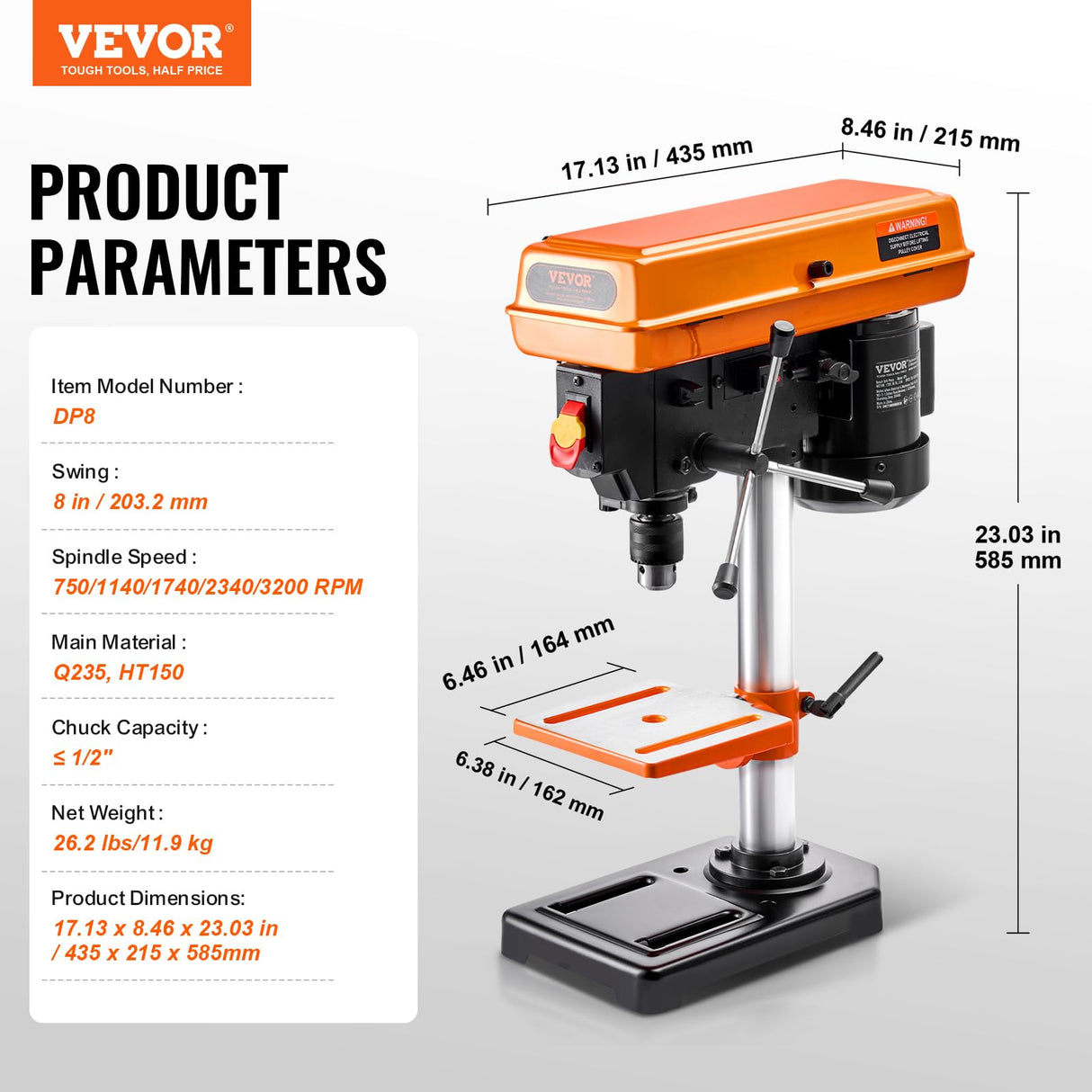 VEVOR 8 in Benchtop Drill Press, 2.3A Induction Motor, Tabletop Drilling Machine with 750/1140 / 1740/2340 / 3200 RPM Adjustable Speed, 0-45° Tilting Worktable, LED Work Light, for Wood Metal VEVOR