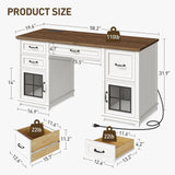 RALGEND 58" Farmhouse Executive Desk with Drawers, Wooden Home Office Desk with Power Outlet & LED Light, Computer Desk with File Drawer and Cabinet, Workspace for Study, White and Walnut RALGEND