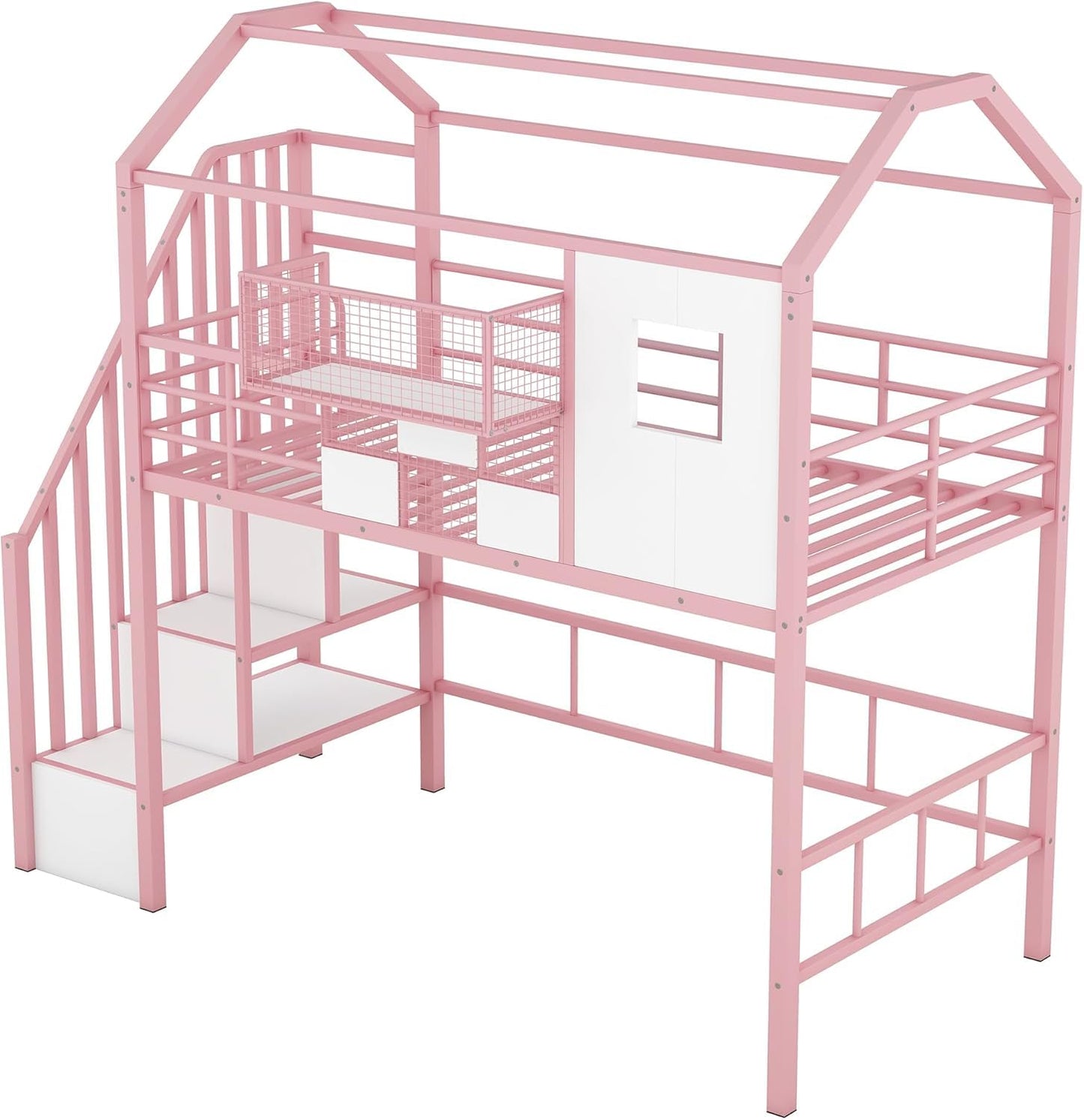 Virubi Twin Kids Loft Bed with Stairs, Low Loft Bed with Roof, Safety Rail and Storage Box, Metal Loft Bed with Storage House Loft Bed for Kids Girls (Pink)