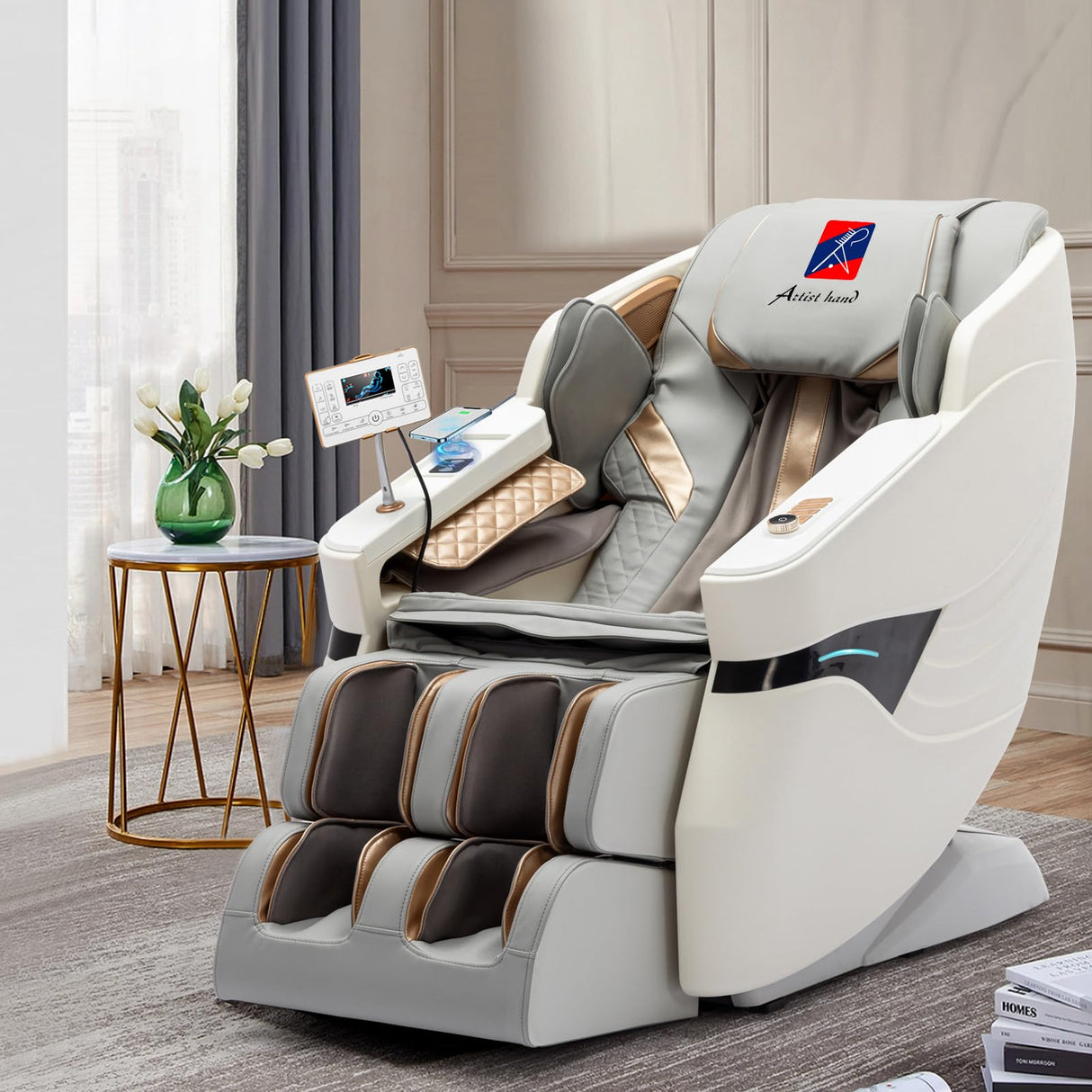 Massage Chair Full Body, SL Track Zero Gravity Massage Chair Recliner with Heating, Bluetooth Speaker, Body Scan, Foot Roller & Airbags Massage, AI Voice Control, Wireless Charging, White Artist hand
