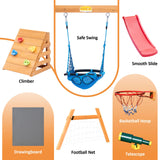 Toddler Swing and Slide Set for Backyard，Wooden 6 in 1 Playground Sets with Baby Swing, Toddler Slide, Rock Climber, Basketball Hoop, Football Net, Telescope,Outdoor Playset for Ages 18 Mon to 3 yrs SuniBoxi